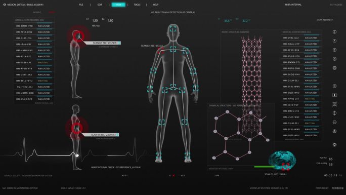 未来的医疗保健和生物技术概念:医学研究环境软件模板与化学式和女性身体扫描结果的计算机显示器和笔记本电