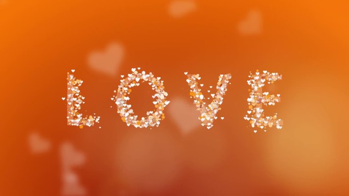 刻字的爱。动画的粒子和心脏周围的题词在橙色背景。模糊的心在转圈。