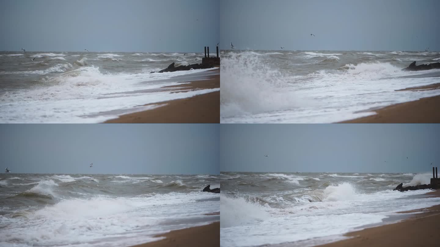 暴风雨期间，波涛汹涌的海浪冲击着沙滩。海鸟在汹涌的海面上航行，靠近海岸屏障。动态海洋风暴镜头，自然灾