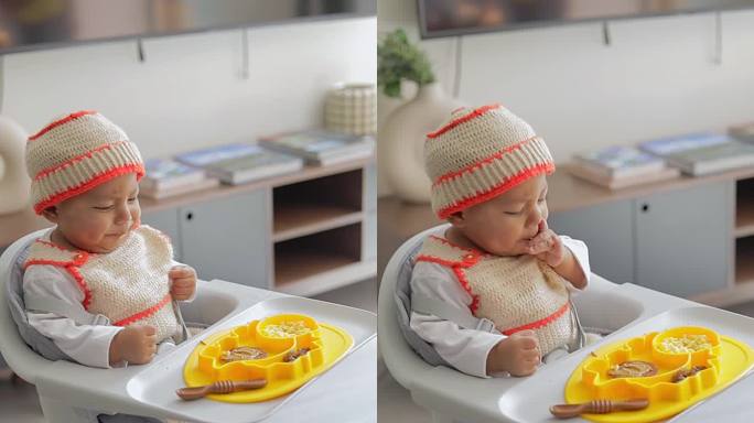 一个拉丁裔婴儿的补充喂养他坐在椅子上用蓝色的盘子吃早餐。