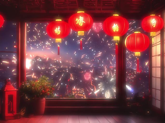 家窗外烟花 放烟花 新年春节灯笼喜庆夜景