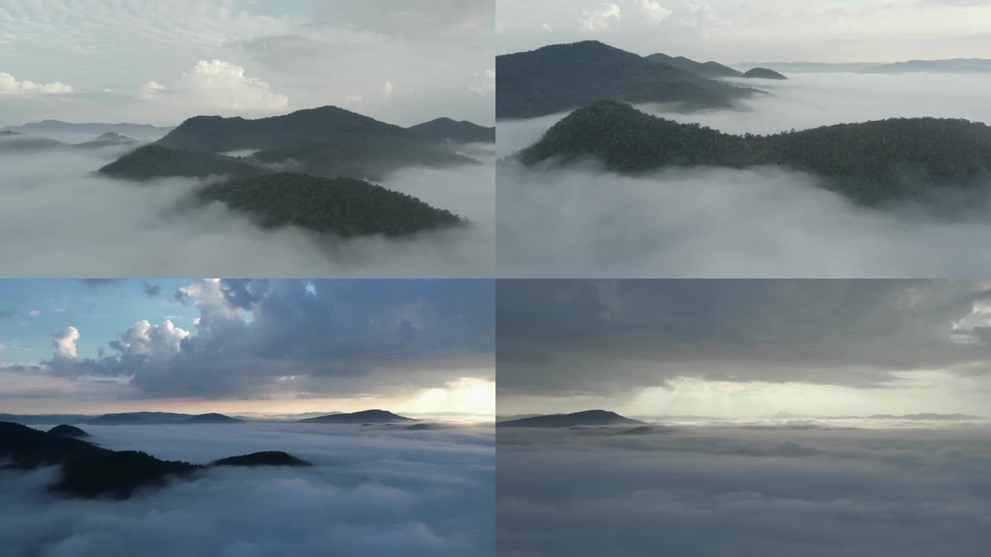 云南 西双版纳 山峰间的云海、云雾 航拍