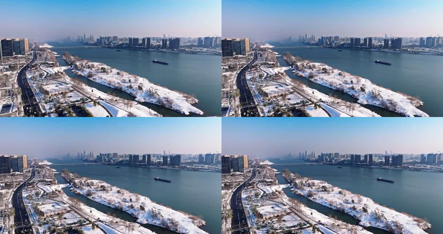 4k长沙橘子洲猴子石大桥雪景航拍