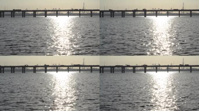 黄昏时横跨海洋的跨海大桥
