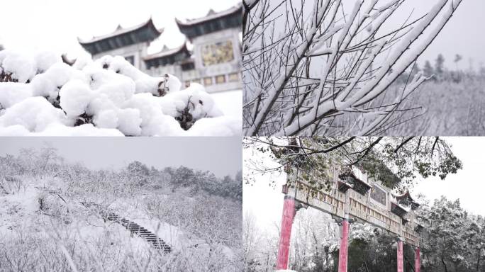 雪中桃花源雪景湖南常德牌坊雪中桃树4K