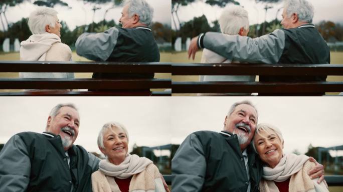 老年人，夫妇和拥抱在公园的长椅上幸福的质量时间或放松。笑脸相迎，退休与老年的男女自然以拥抱为爱或欢笑
