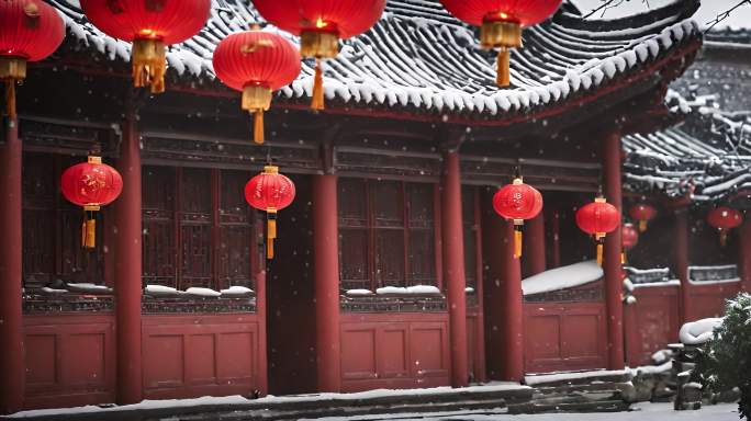 中式建筑上的红色灯笼下雪天庆祝新年