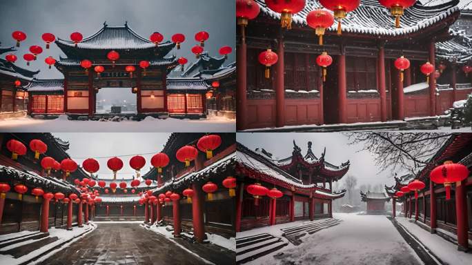 中式建筑上的红色灯笼下雪天庆祝新年