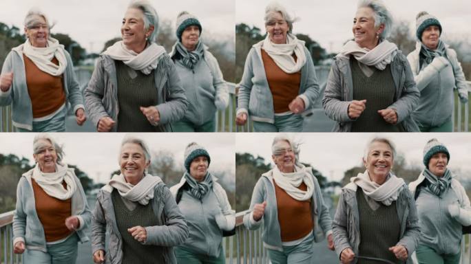 老年妇女，微笑在公园健身团体，退休后在桥上锻炼健康。老年女性朋友，快走和快乐一起训练，一起在大自然中