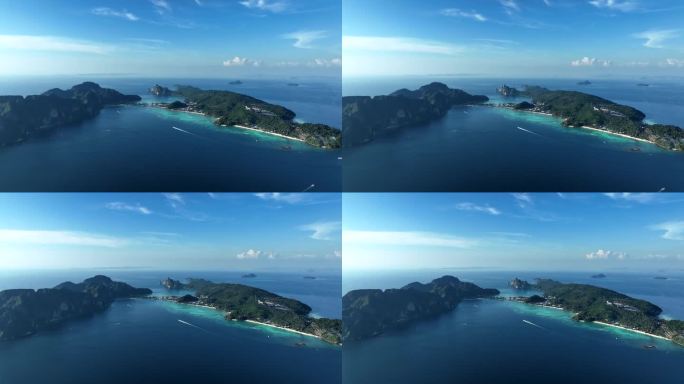 从上面俯瞰全景，令人惊叹的鸟瞰皮皮岛。皮皮岛是泰国皮皮群岛的主岛。它以白色的沙滩而闻名。安达曼海，甲