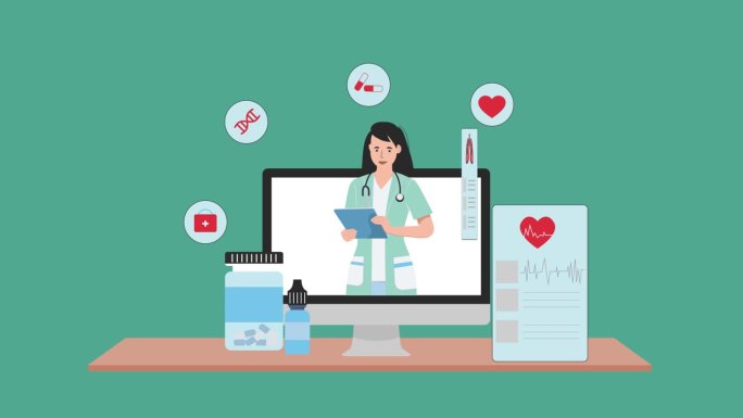 女医生在线展示器官诊断报告设计动画在电脑屏幕上。远程医疗和药物分析