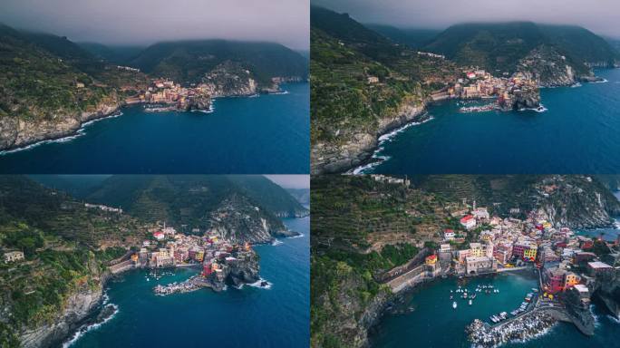 Vernazza村的4K鸟瞰图，灯塔是五渔村的五个村庄之一，拉斯佩齐亚省，利古里亚，意大利，欧洲，自