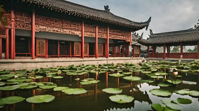 中式建筑荷花池