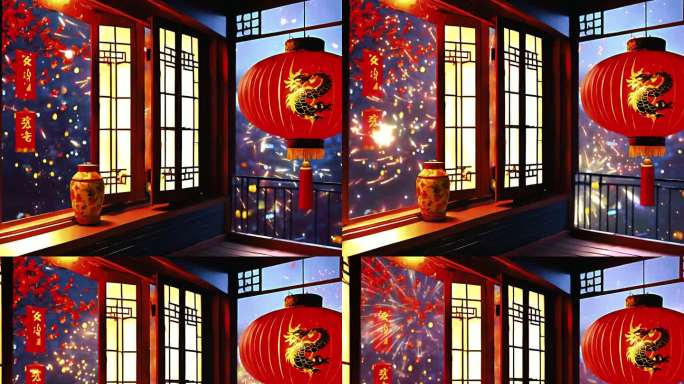 家窗外烟花 放烟花 新年春节灯笼喜庆夜景