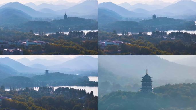 西湖雷峰塔景区大自然风光群山航拍杭州风景