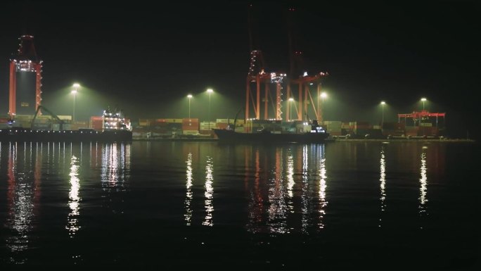 港口的夜晚:灯火通明的鹤，水中闪烁的倒影。港湾里发光的鹤在黑暗中脱颖而出，映照在水面上。宁静而繁华的