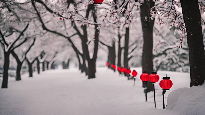 积雪树枝上的红色灯笼过年