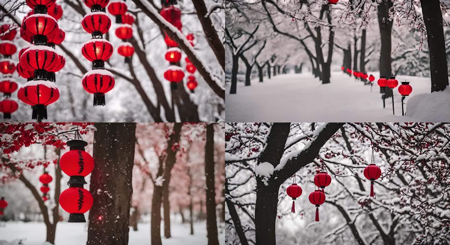 积雪树枝上的红色灯笼过年