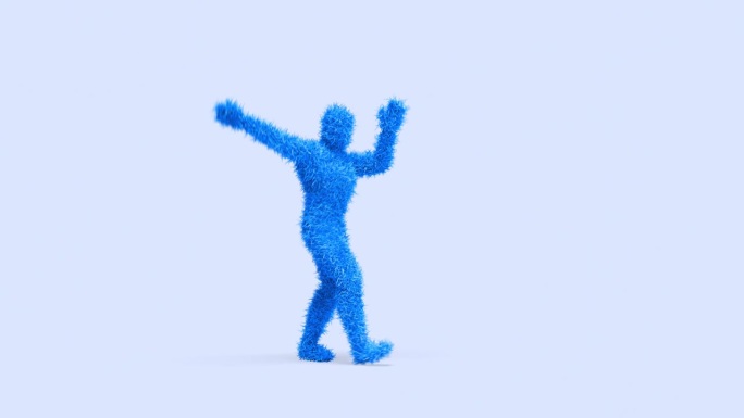 蓝色3D毛茸茸的角色在空旷的舞台上慢慢跳舞。完美的循环。