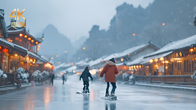 冬天的城市 堆雪人 滑雪 河道与道路结冰