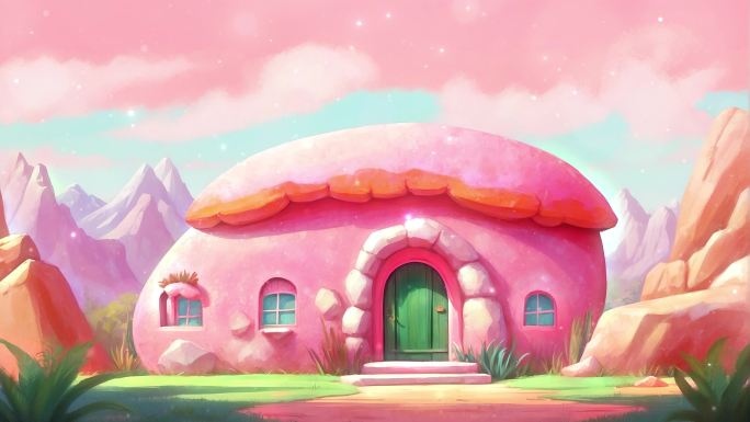 4K动漫卡通唯美梦幻粉色粉红童话房子背景