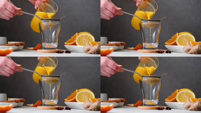 增强免疫力的饮料。姜，橙，姜黄，健康果汁饮料