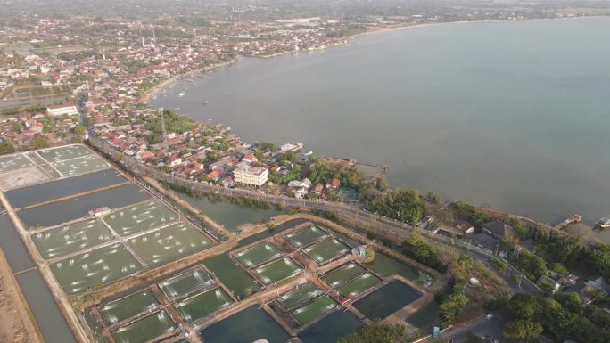 在靠近海洋的水域，用增氧机泵加氧的对虾养殖鸟瞰图。