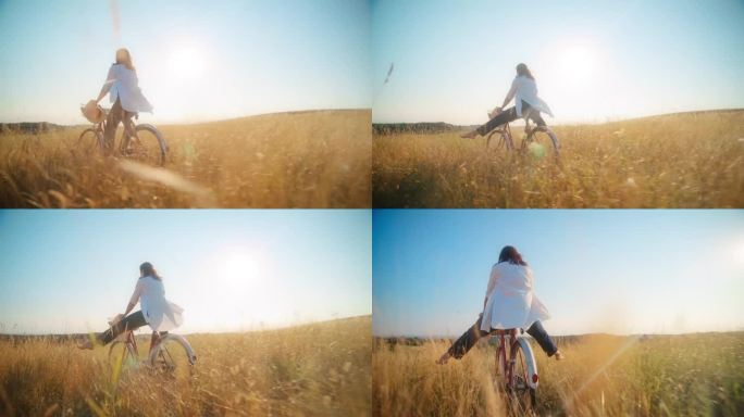 阳光明媚的日子里，在草地上愉快地骑自行车的女子