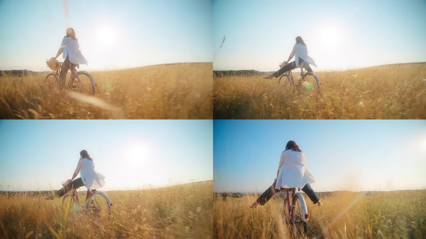 阳光明媚的日子里，在草地上愉快地骑自行车的女子
