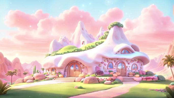 4K三维立体卡通动漫唯美梦幻粉色房子背景
