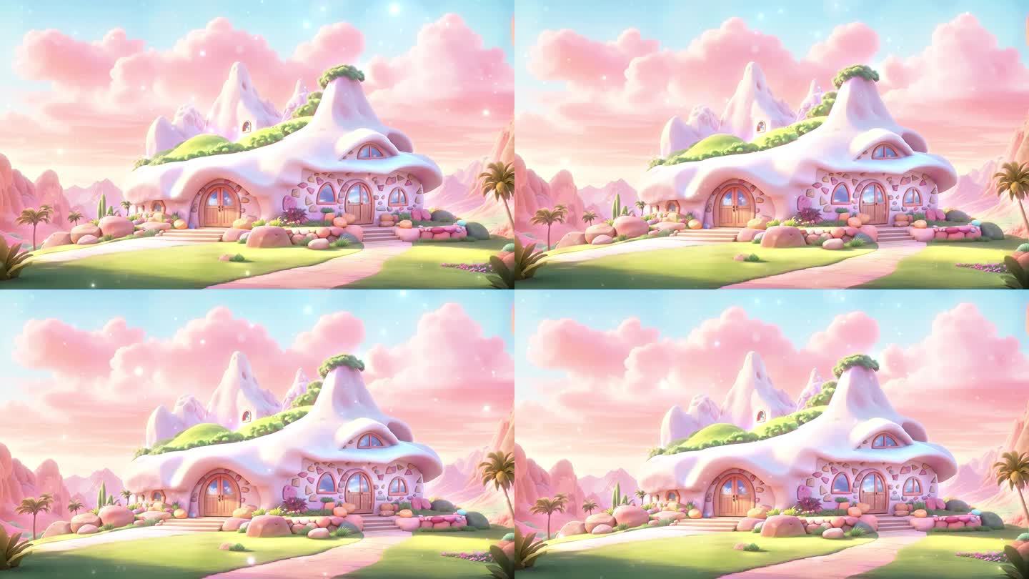 4K三维立体卡通动漫唯美梦幻粉色房子背景