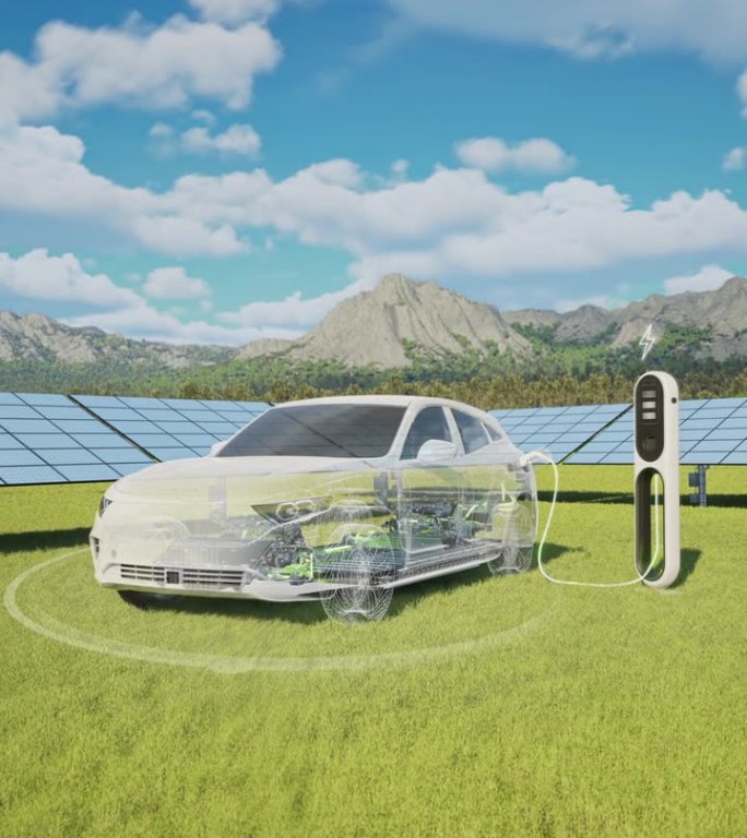电动汽车在带有太阳能电池板的电动汽车充电站充电- 4K分辨率