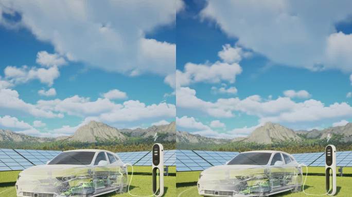 电动汽车在带有太阳能电池板的电动汽车充电站充电- 4K分辨率