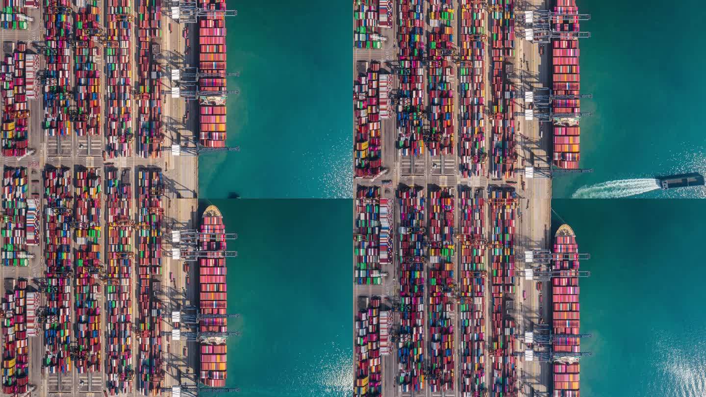 中国广东深圳盐田港集装箱码头航拍俯视全景