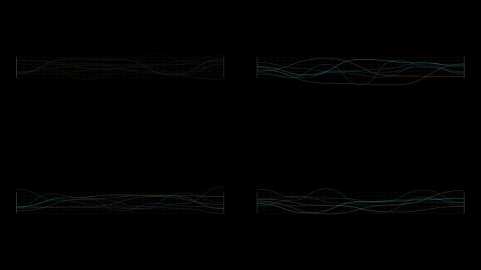 图形模板模型:在黑色背景上振荡的蓝色和橙色波浪线。用于计算机和屏幕替换的声音格式波可视化
