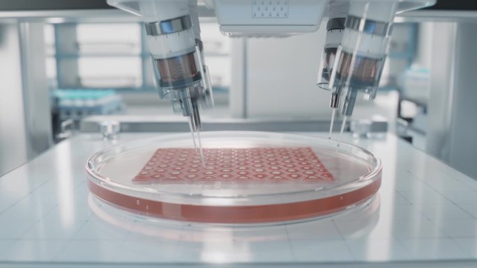 人造皮肤组织在实验室培养的延时。未来实验室有机组织医用打印机。生物打印先进技术理念