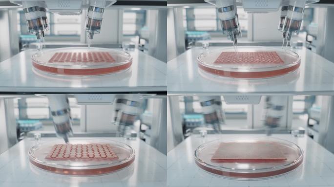 人造皮肤组织在实验室培养的延时。未来实验室有机组织医用打印机。生物打印先进技术理念