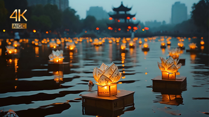 中国新年气氛热闹非凡 放河灯祈愿春节习俗
