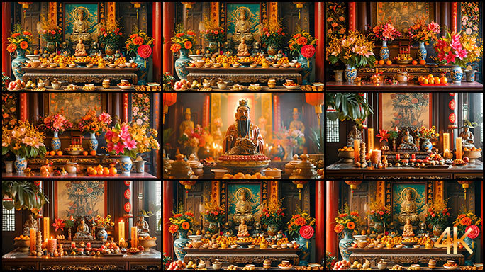 中国古老的拜祭习俗 国风家庭神台贡品佛像