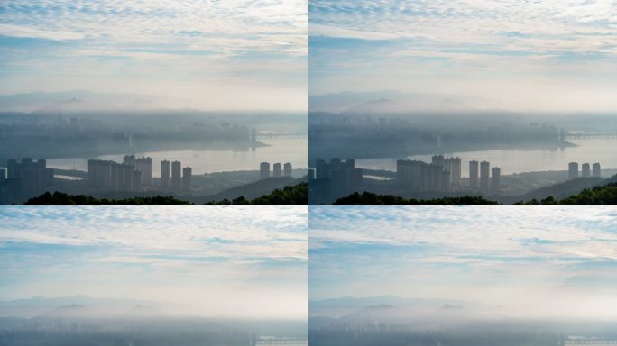 厦门城市风光：鸟瞰集美新城平流雾