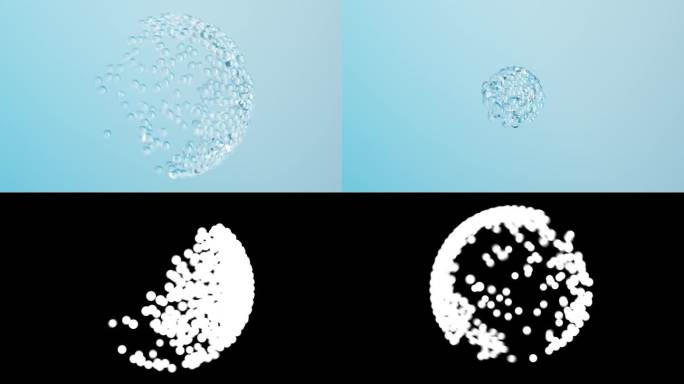 美丽的水滴在抽象的球体内晃动，滚动，形成新的球体无缝。水或玻璃球飞行在蓝色背景，Alpha蒙版上的循
