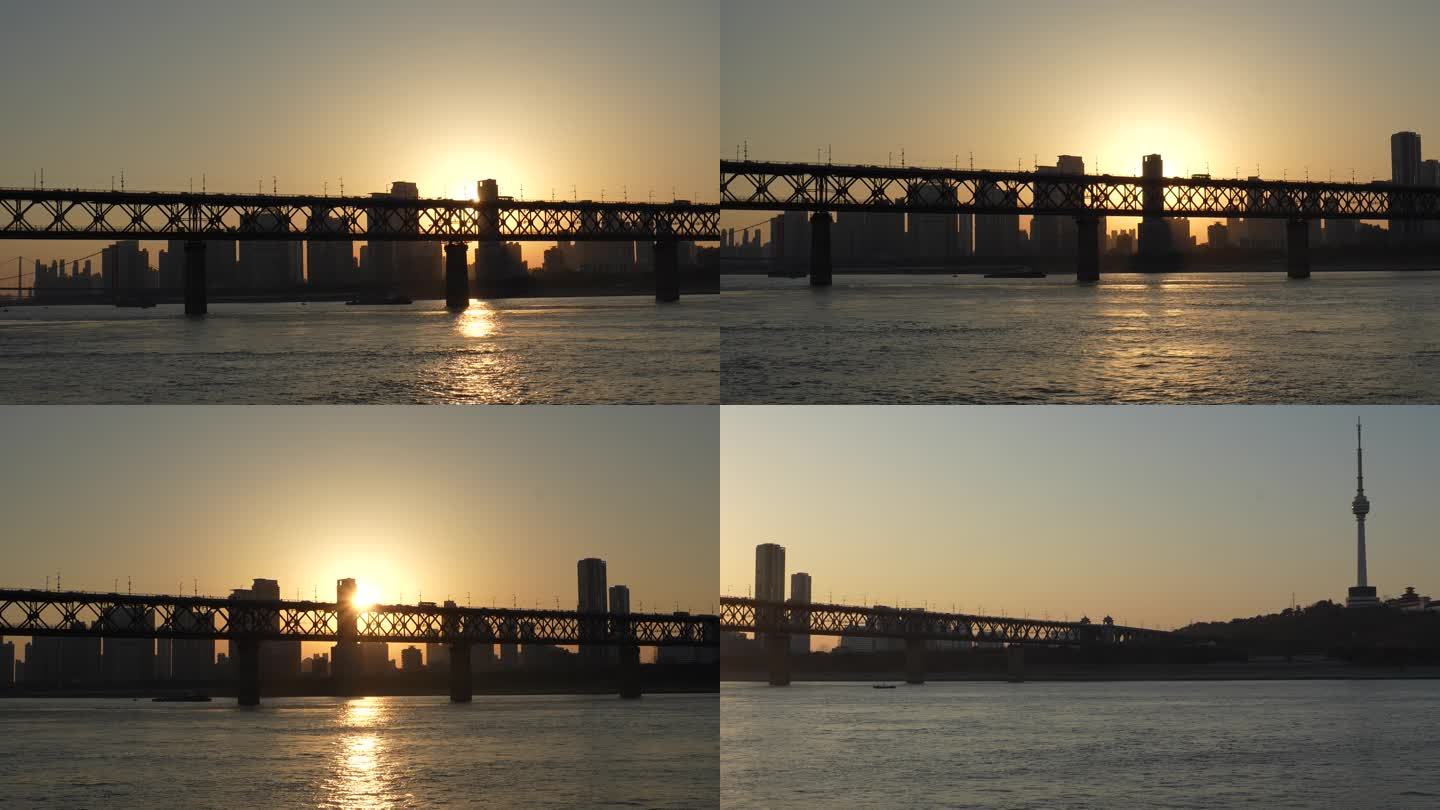 武汉长江大桥及周边轮渡拍摄夕阳