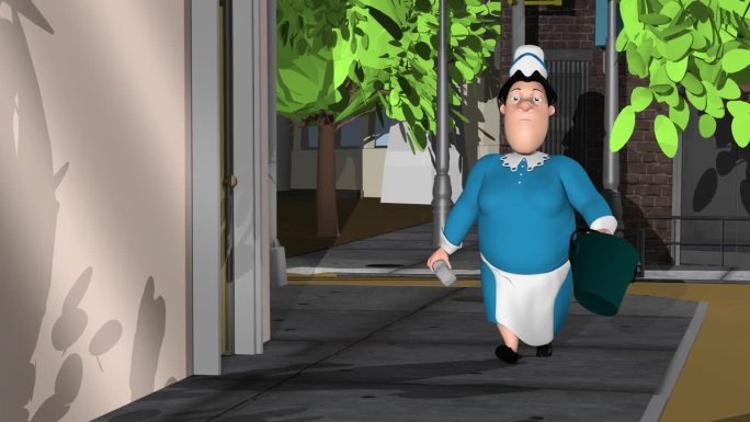 3d动画，一个卡通人物带着水桶和海绵走在城市街道上