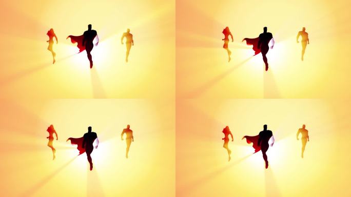循环三人超级英雄剪影飞行漂浮在天空动画库存视频