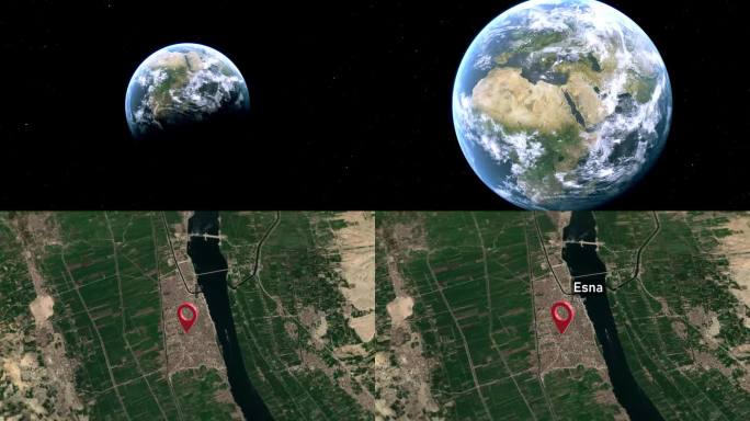 埃斯纳城市地图从太空到地球的缩放，埃及
