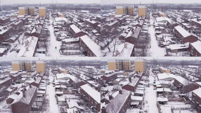 老旧房区雪景下雪航拍素材-4