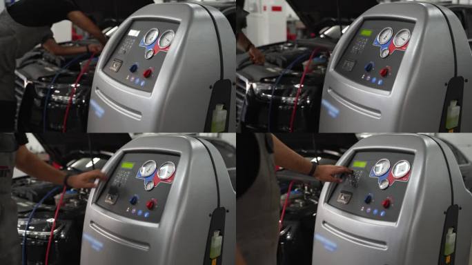 汽车技工为汽车空调系统充注制冷剂。加油站设备为空调充电。技术员操作空调维修机器，车辆维修，冷却液补充