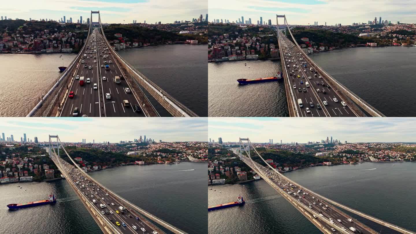 标志性的法提赫苏丹穆罕默德大桥上的空中交通，#伊斯坦布尔震撼#法提赫苏丹穆罕默德大桥#博斯普鲁斯黄昏