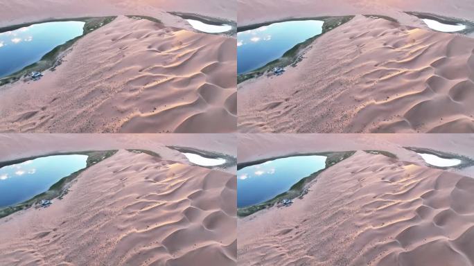 航拍原始地貌沙漠沙丘无人区中湖景绿洲