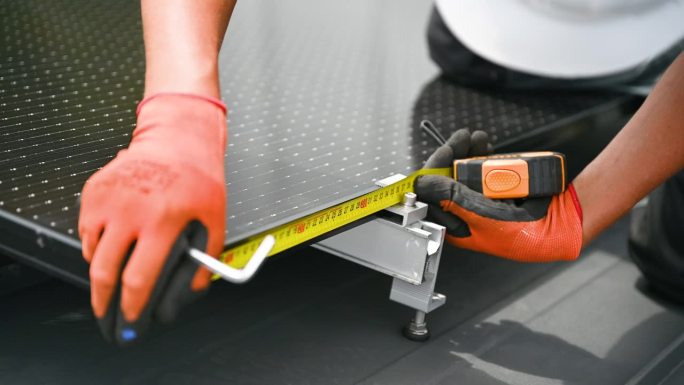工人在搭建光伏太阳能电池板系统，用尺子测量安装设备。